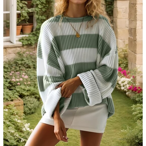 Women's White Green Pullover Drop Shoulder Long Sleeve Retro Stripe Fall Sweater - Picture 3 of 4